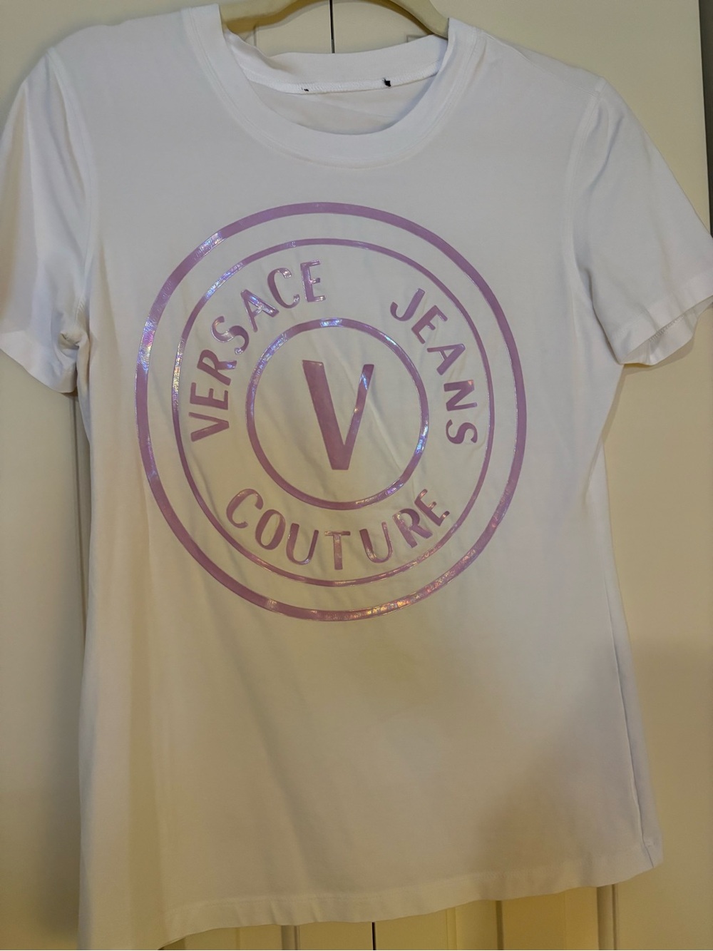 Versace Jeans Collection White Tee with Pink Iridescent Logo